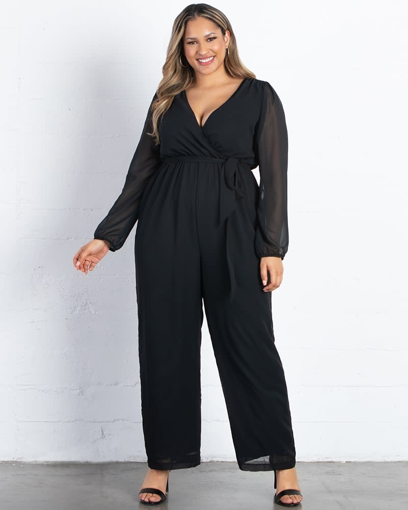 Front of a model wearing a size 0X Celina Chiffon Jumpsuit in BLACK NOIR by Kiyonna. | dia_product_style_image_id:227551